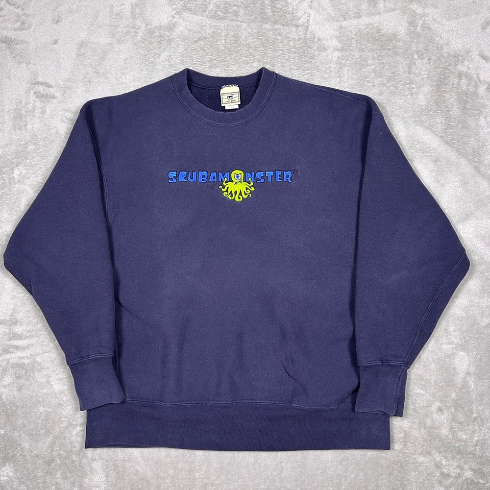 VTG 90s Lee Cross Grain‎ Scubamonster Sweatshirt 2XL Navy Octopus Embroidered